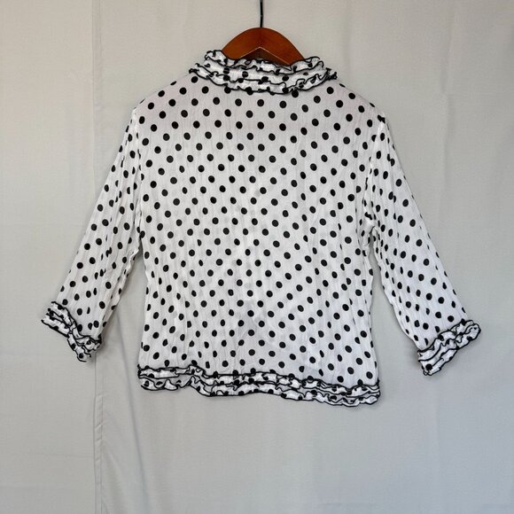 Y2K Jaipur White Black Polka Dot Ruffle Beaded 3-D Floral Applique Blouse Size M - Picture 6 of 11